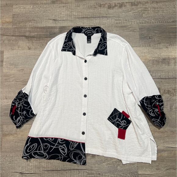 Ali Miles Plus Size 3X Gauze Crinkle Art Button Up Tunic Top Patchwork Modern - Picture 1 of 7